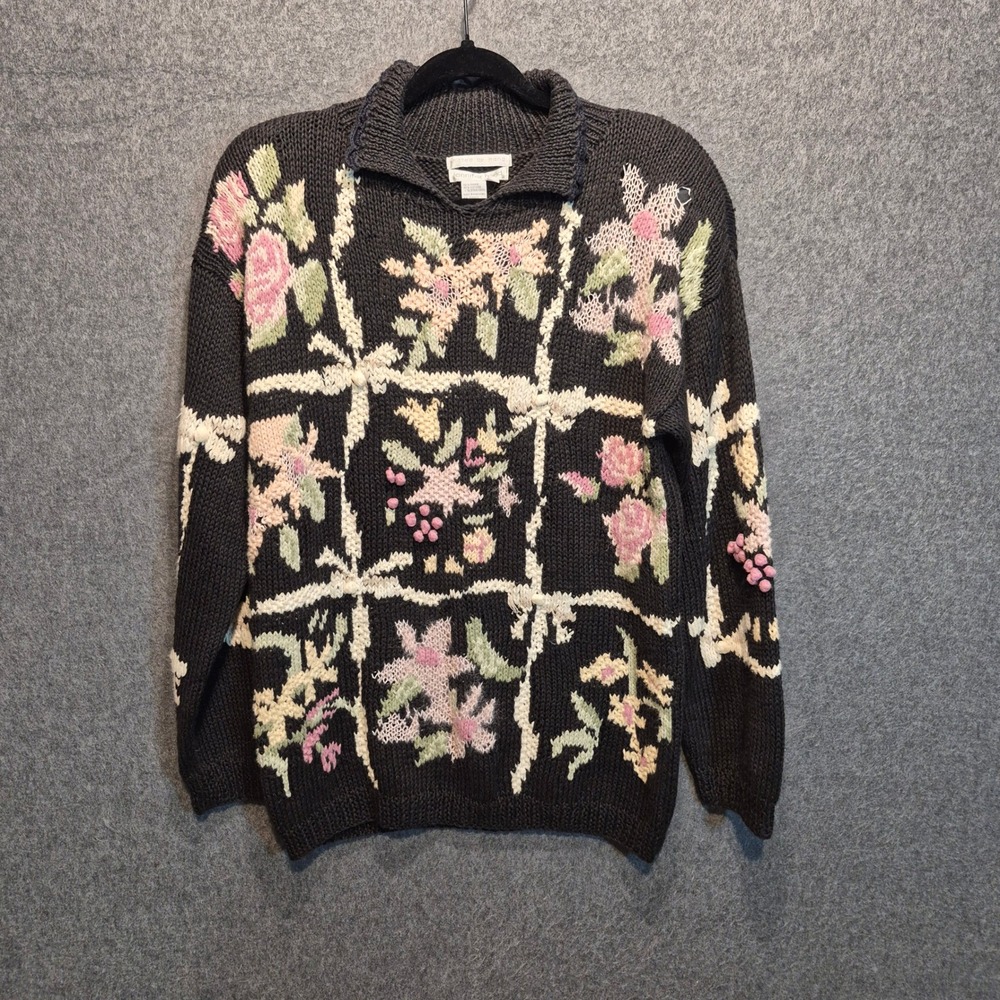 Vintage Jennifer Reed Hand Knit Floral Patchwork Lrg Sweater Intarsia Cottage